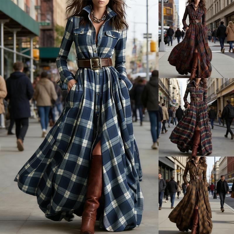 Stylish Irregular Grid Dress Comfortable Polyester Casual Ruffled Shirt Dress for Everyday Use Event and Outings