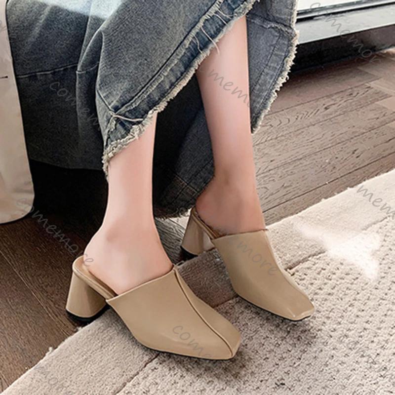 Comemore Baotou Half Slippers Women Square Head High Heels Shoes Outside Wear Thick Heel Solid Color Mules Slides Shoes