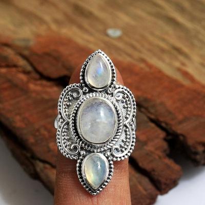 Bague en pierre de lune, bague de déclaration, bijoux en argent, bague en pierre précieuse naturelle, argent sterling 925, bijoux en pierre de naissance
