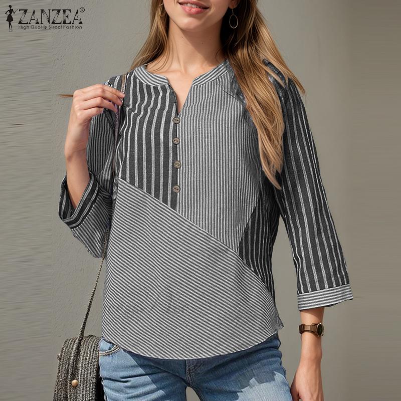 ZANZEA Women Casual V-Neck 3/4 Sleeve Loose Stripe Blouse