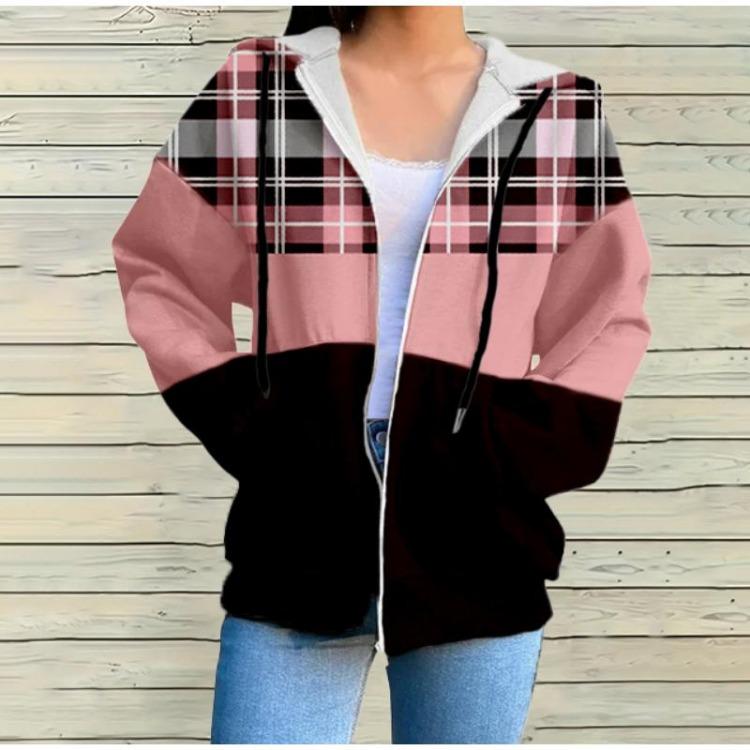 Spring Autumn Women Casual Plaid Printed Long Sleeved Zipper Hooded Sweater S