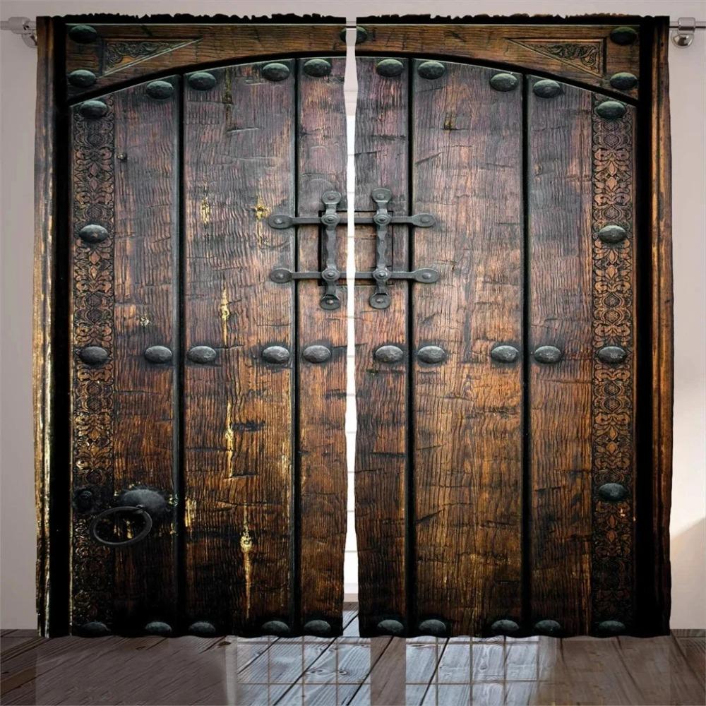 2 stücke Holz Tür Shabby Retro Decor Vorhänge 3D Digital Gedruckt Vorhänge Für Wohnzimmer Büro Wohnkultur 2024 Neue Mode