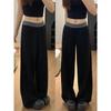 Women's High Waist Black Patchwork Sports Pants: Loose Fit, Slimming, Plus Velvet, Wide Leg, Floor Length for Spring and Autumn.