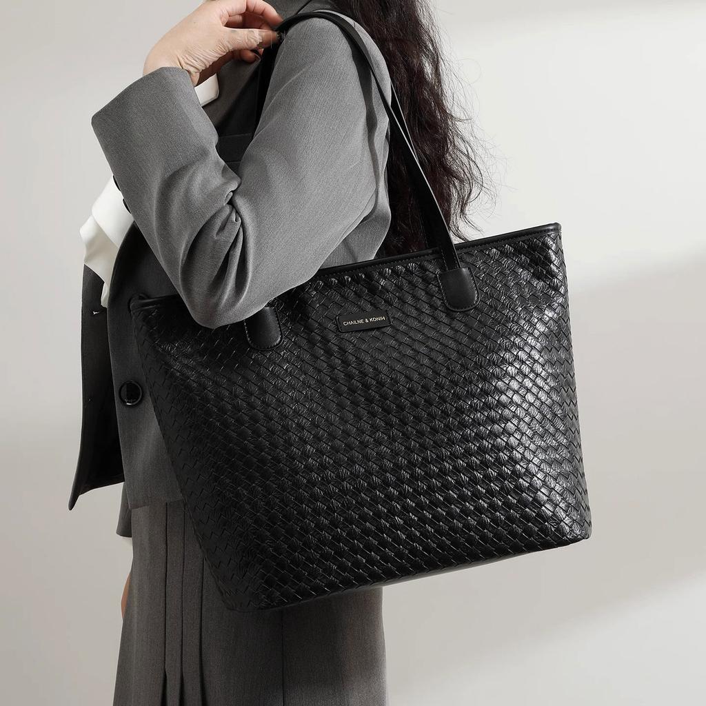 Textured and Trendy Checkered Tote Bag, Women's Fashionable Casual Handbag, Large-capacity Woven Single-shoulder Bag