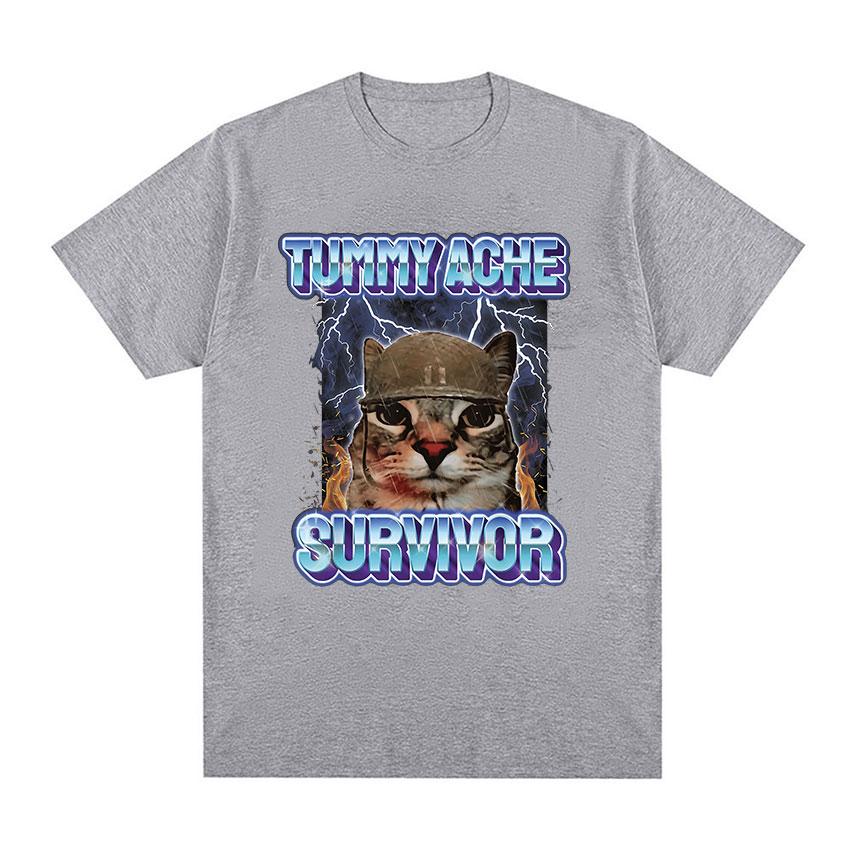 Vintage Tummy Ache Survivor Funny Cat Meme Tee Shirt Men Women Clothing Fashion Short Sleeve T-shirt Casual Pure Cotton T Shirts