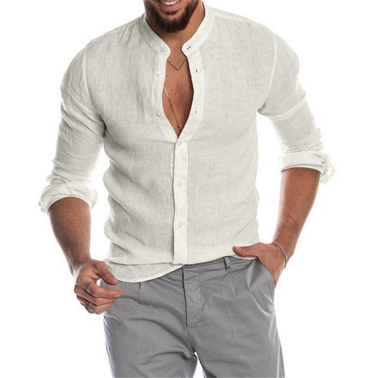 Plus Size Men's Spring and Summer Comfortable Long Sleeve Linen Top Solid Buttoned Stand Collar Loose Shirt