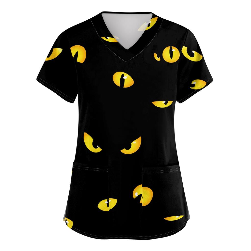Women's V Neck Halloween Print Short Sleeve Medical Scrub Top with Pocket Side Slit Design Suitable for Healthcare Professionals