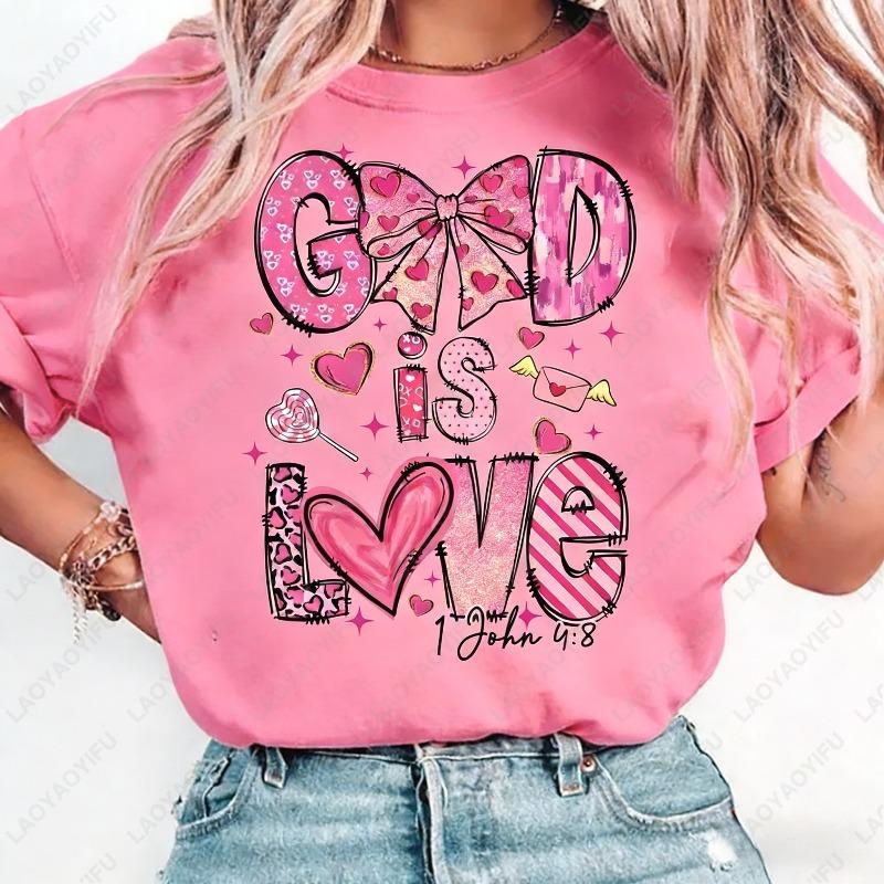 God Is Love Jesus Christ Cotton Shirt Cute Style Pink Bow Oneck Printed Tops Lovers Clothes Women Valentines Day Kawaii Gift