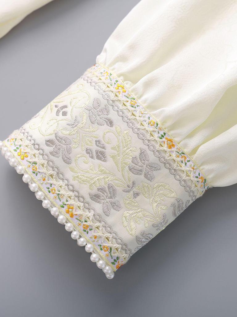 Spring New Chinese Long Sleeve Shirt with Embroidered Cuffs & Jacquard Base Layer