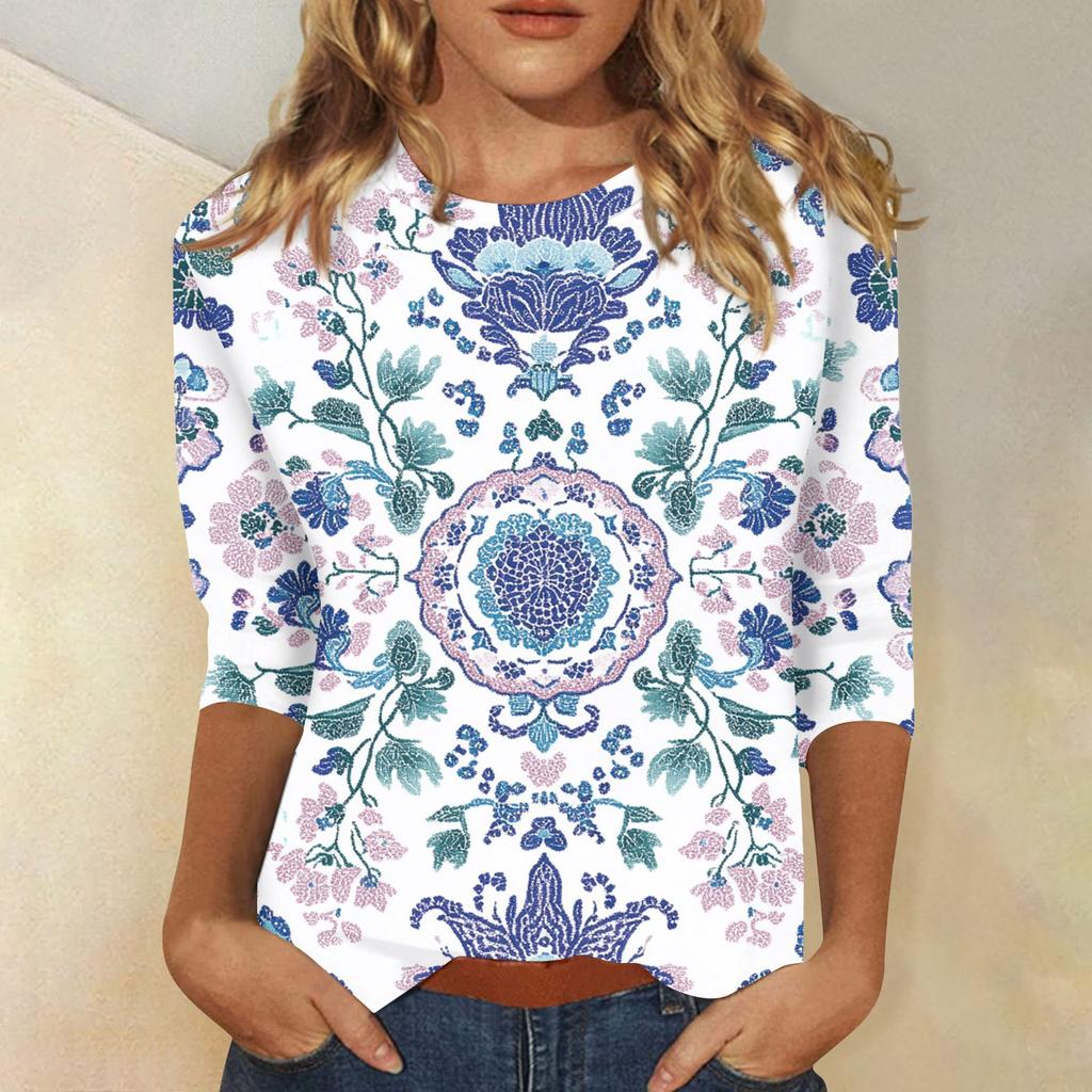 Women's Fashion Casual Three-quarter Sleeve Vintage Floral Print Round Neck Top