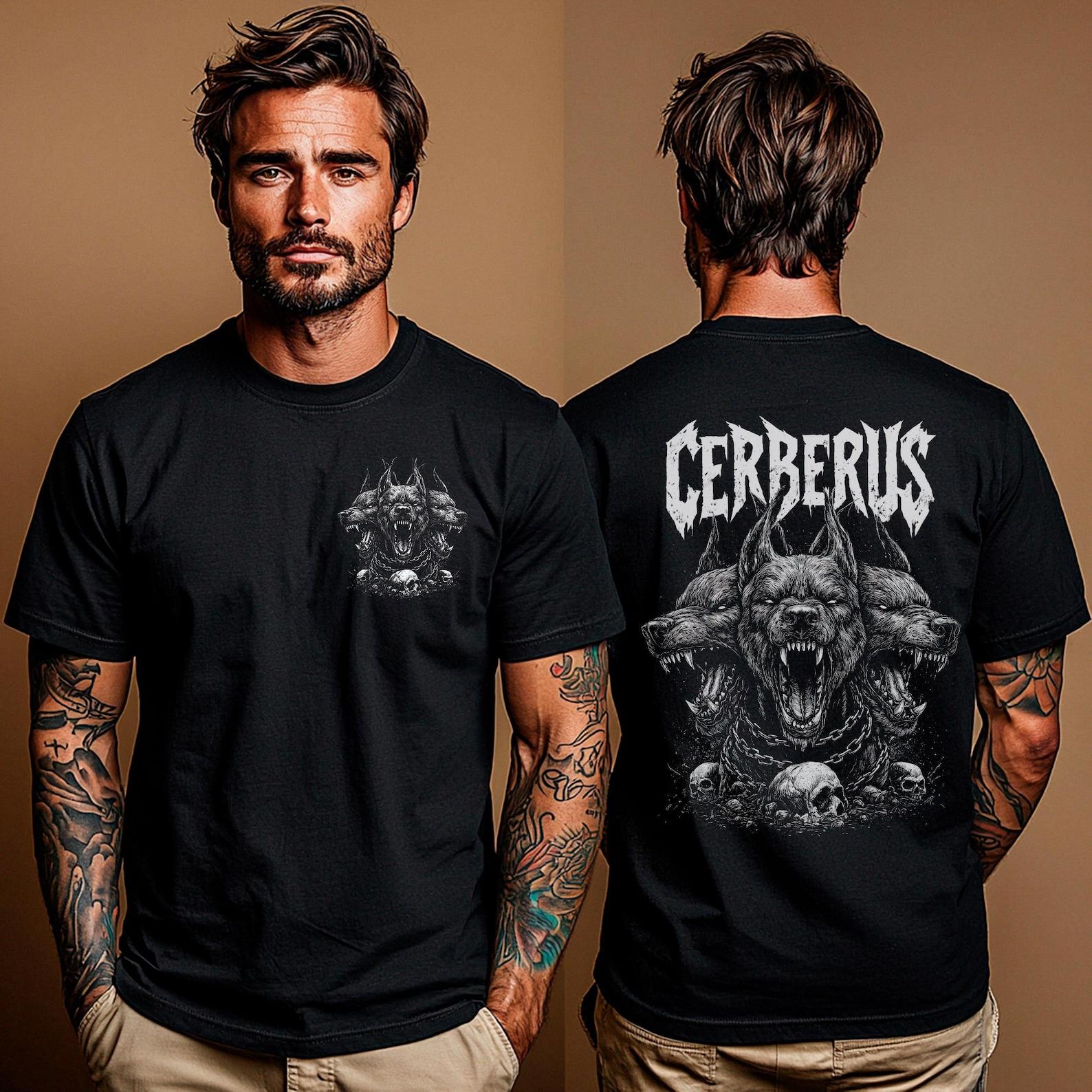 Cerberus Shirt: Gothic Greek Mythology Tee, Three-Headed Hound Design, Metalhead apparel XL