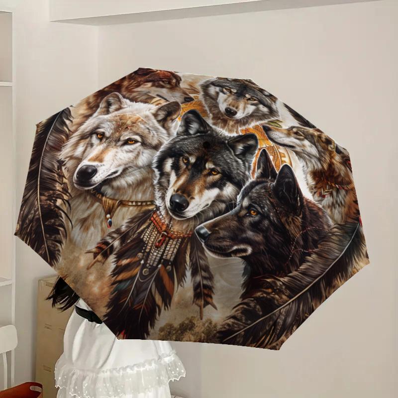 1pc Wolf Totem Circle Umbrella with Plastic Handle,Suitable for All Seasons Home Travel Outdoor UmbrellaDD976