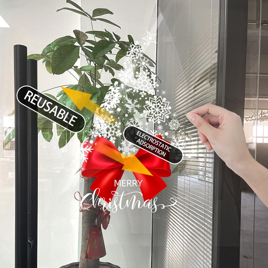 Large Christmas Window Sticker with Red Bow and Snowflakes, Holiday Party Decoration Atmosphere Arrangement Home Decoration