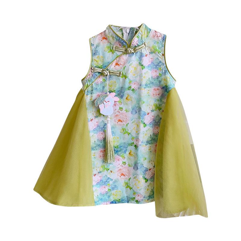Girls Summer Chinese Mesh Princess Vest Dress Improved Cheongsam Dress
