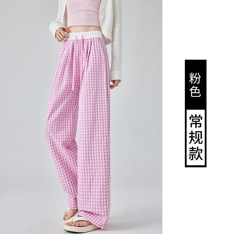 

Pink plaid wide-leg pants women s spring and summer thin new high-waisted straight casual pants loose Yamamoto pants S