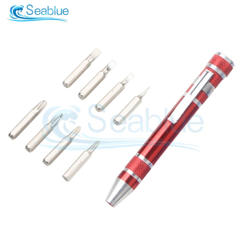 Multifunction 8 In 1 Pocket Precision Mini Screwdriver Pen Mobile phone Repair Hand Tools Kit Portable Screwdriver Set Bits