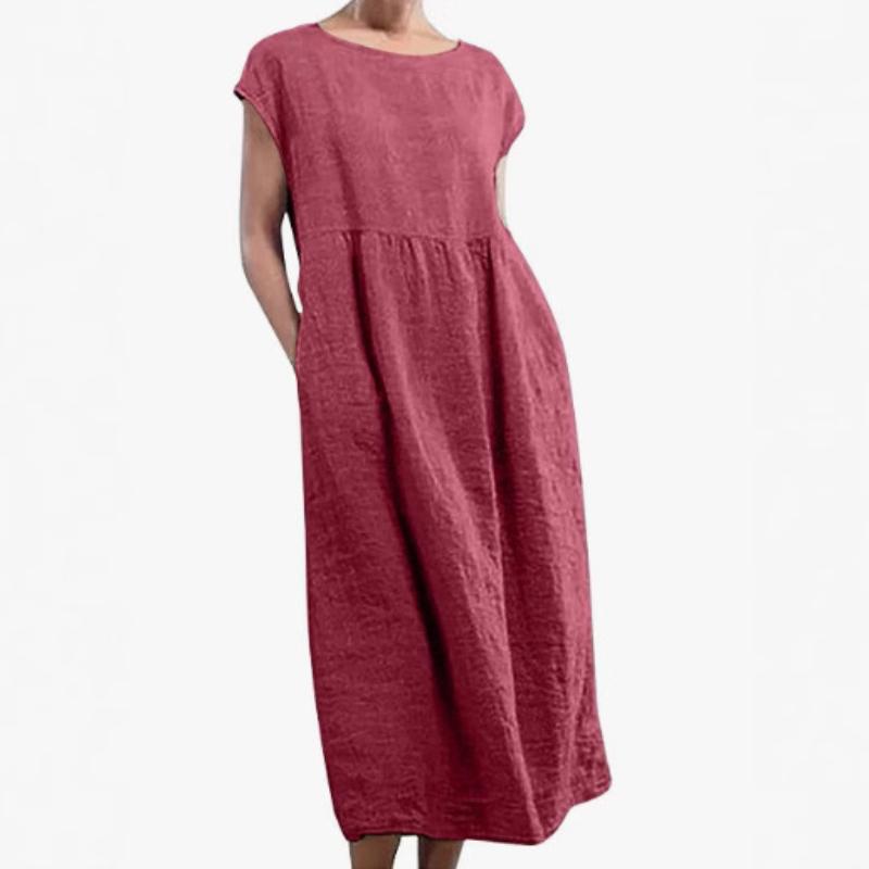 Spring/Summer Short Sleeve Loose Dress Casual Solid Color Pocket Dress for Women