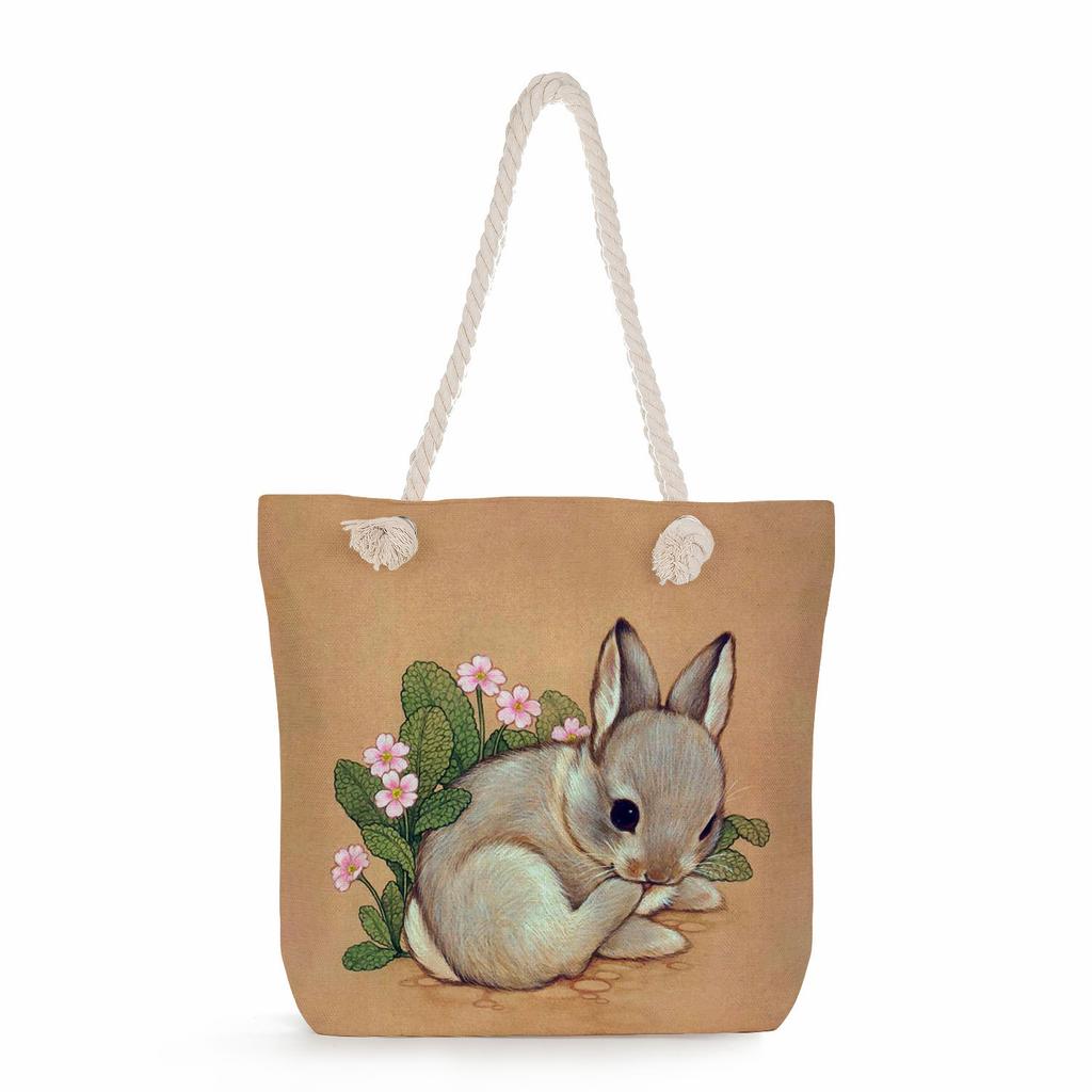 Sac de plage à bandoulière unique en corde épaisse avec imprimé lapin créatif 7247 CLE