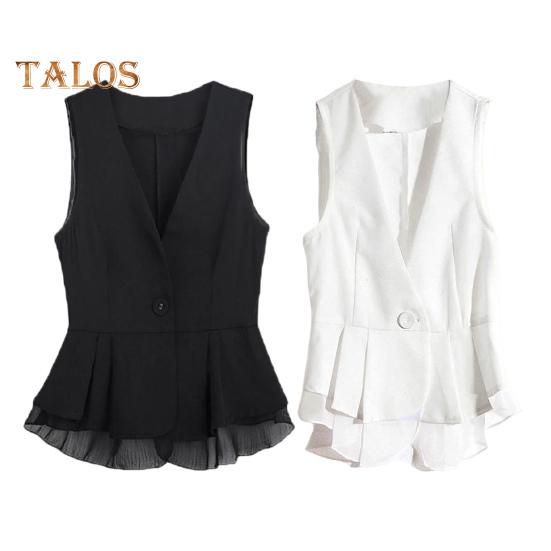 Lady Women Vest Coat Single Button Closure Sleeveless Pleated Ruffle Mesh Patchwork Slim Fit Suit Coat Solid Color Casual Daily Wear Waistcoat
