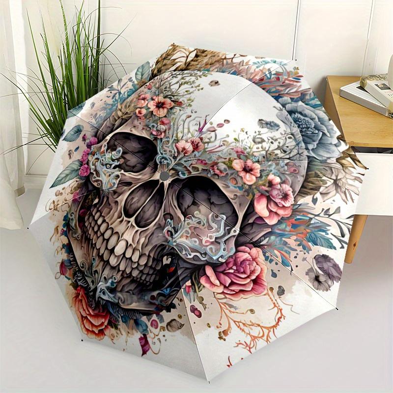 1pc Elegant Floral Skull Design Automatic Opening and Closing Umbrella, Lightweight 3-Fold, With Cute Cartoon Characters, Suitable for Home, Outd