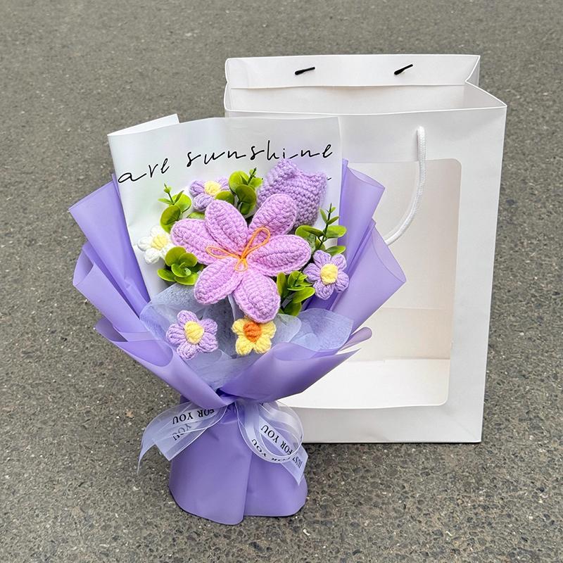 Finished Crocheted Flower Bouquet with Puppy Dog Doll Artifiacal Rose Flower  Knitting Sunflowers Valentine's Day New Year Gifts