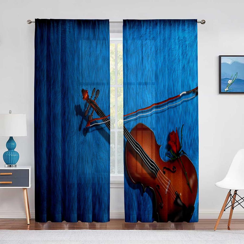 Vintage Fiolin på Trä Skira Voilgardiner för Vardagsrum Sovrum Chiffong Tyllgardiner Kök Fönsterbehandlingar Draperier