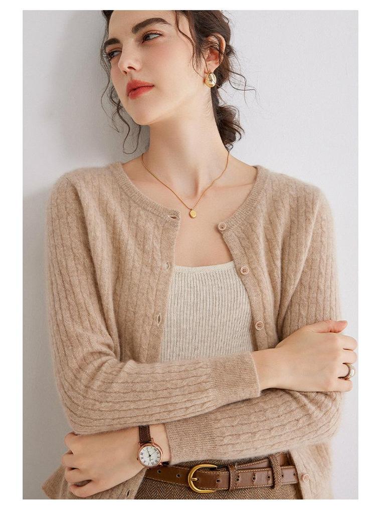 Women's Gold Sand Cashmere Cardigan - Twisted Cable Knit, Round Neck, Striped, Slim Fit, Autumn/Winter Sweater.