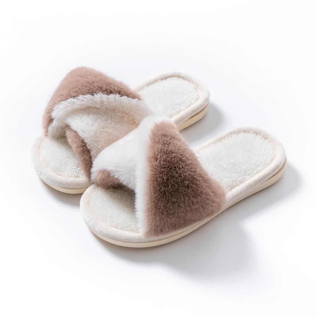 Children's and Women's Winter Fur Cross-Strap Cotton Slippers, Warm, Non-Slip for Home Use
