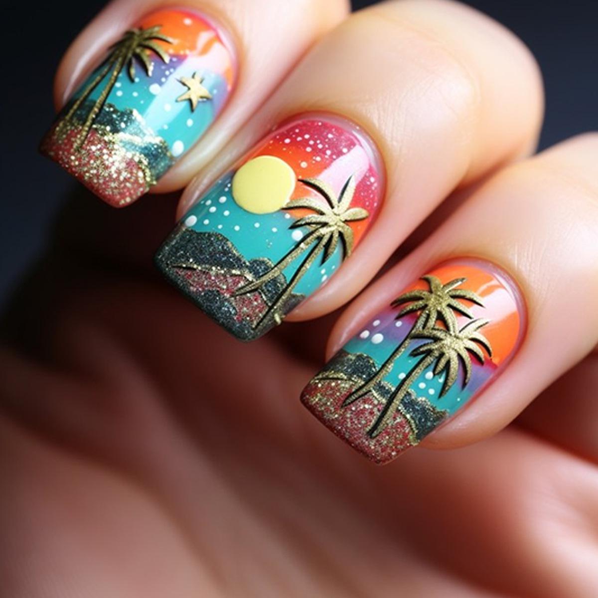 Gradient Starry Sky Coconut Tree Sunset Nail Art Stickers - Vacation Style