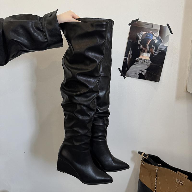 

Ночной клуб Остроносые Плиссированные Женские Ботфорты Выше Колена Клинья Высокие Каблуки Вечерняя Обувь Зимние Женские Ботильоны До Бедра 35