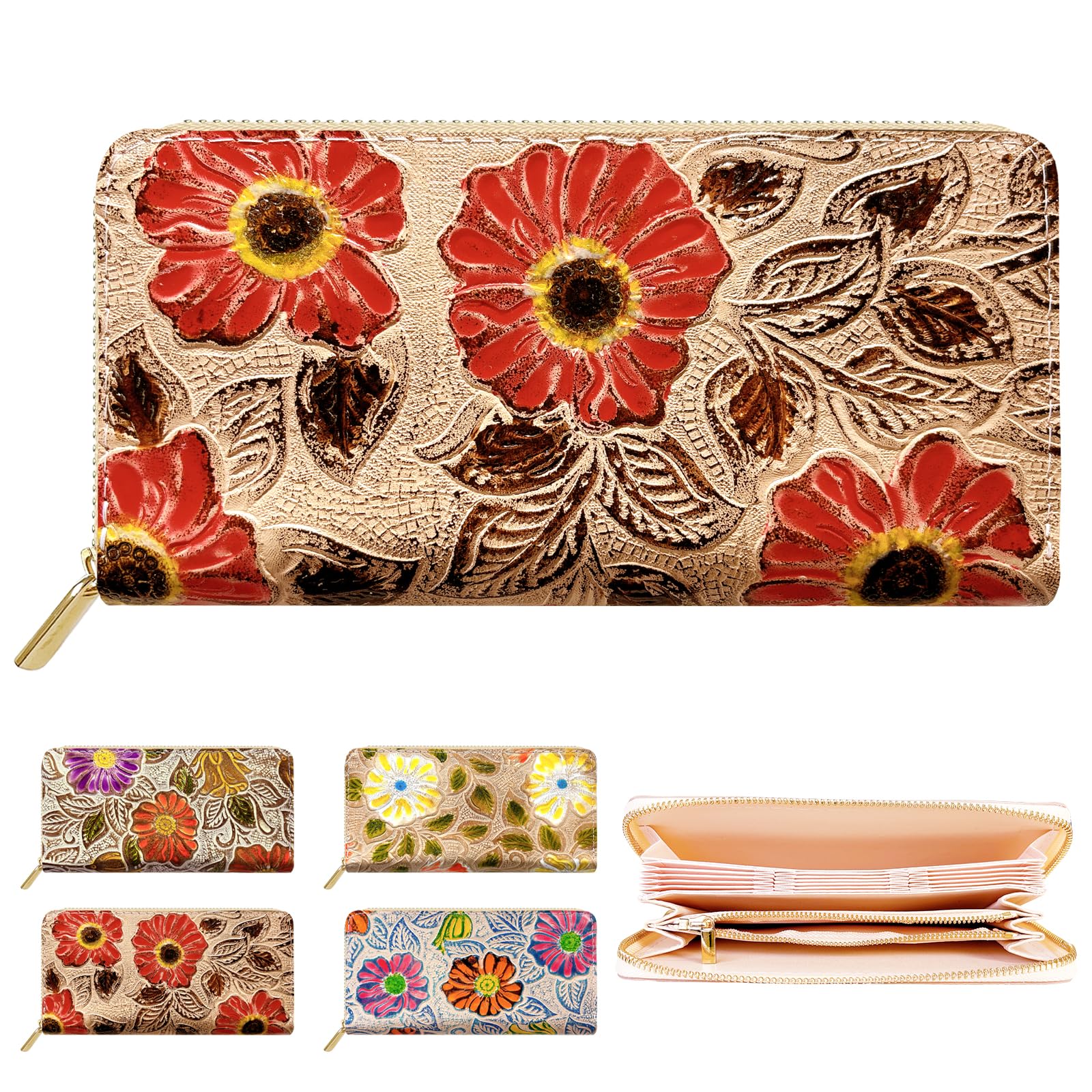 

Leo&Aoi Натуральная Кожаная Гармошка Длинный Кошелек на Круговой Молнии, Отделения для Карт, Отделение для Банкнот, Кошелек для Монет, Карманы для Карт, Стиль Гармошка, Цветочный Узор,