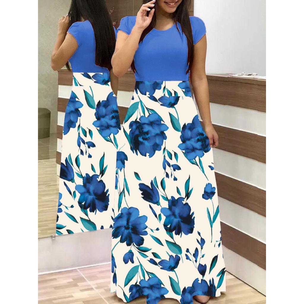 Floral Print Patchwork Short Sleeve Bohemian Dress Women Summer Dress O Neck Big Swing Long Dresses