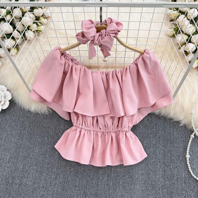 

Ruffles Women s off-Neck Strapless All-Matching Chiffon Shirt 2024 Summer Fashionable Cute Youth-Looking Loose Crop Top Pink All yards
