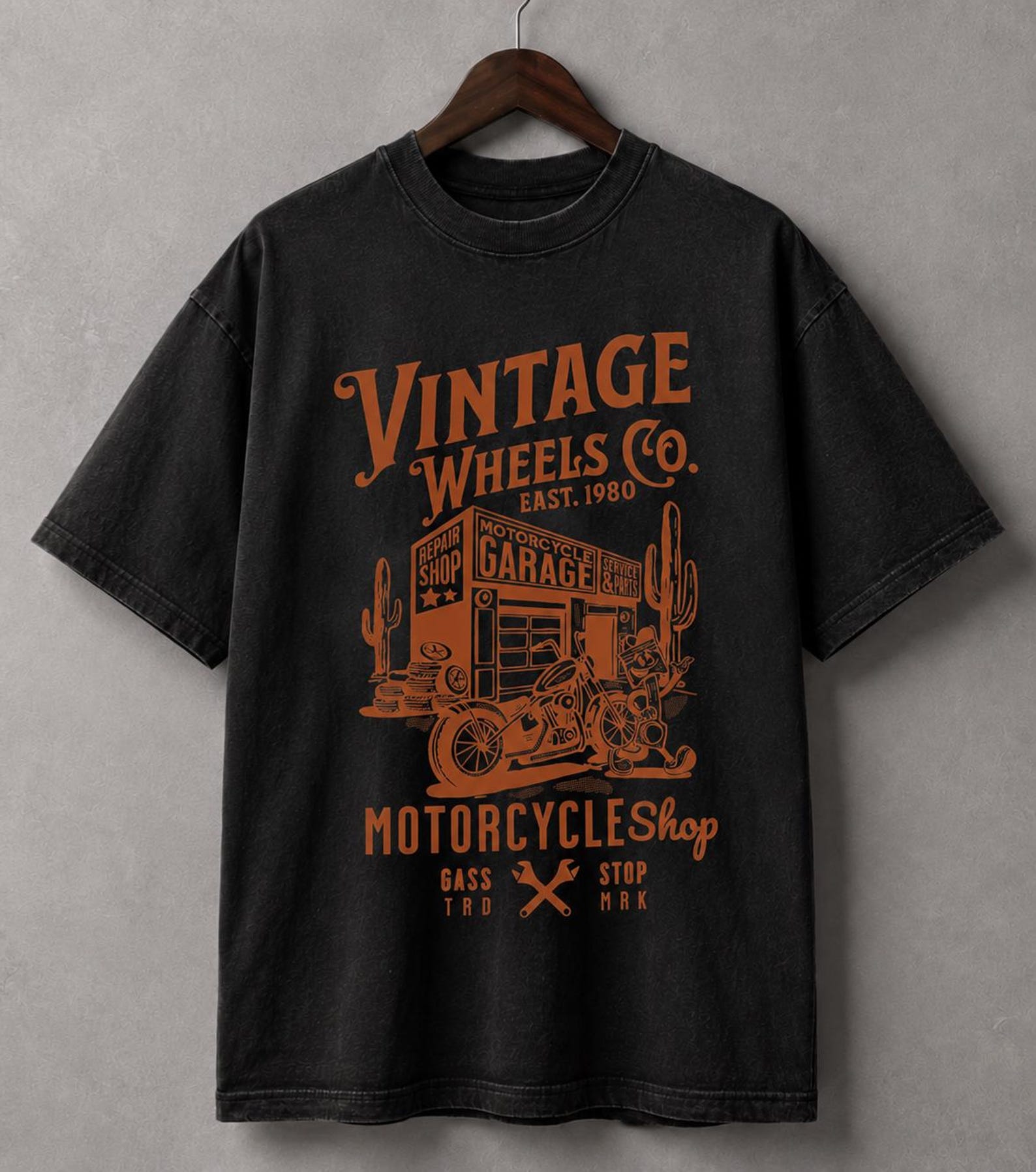 Vintage Wheels Co. Motorcycle Garage Graphic Tee – Retro Biker Streetwear Shirt XL