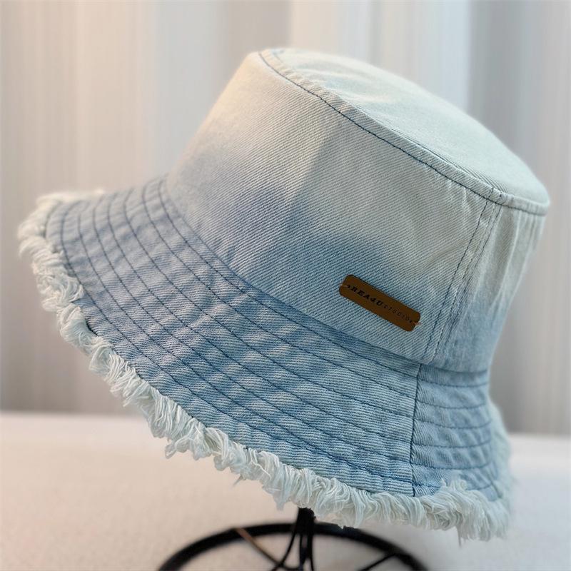 Spring New Gradual Change Raw Edge Washed Denim Bucket Hat Women's Leisure Sunshade Sunscreen Hat Women's Bucket Hat