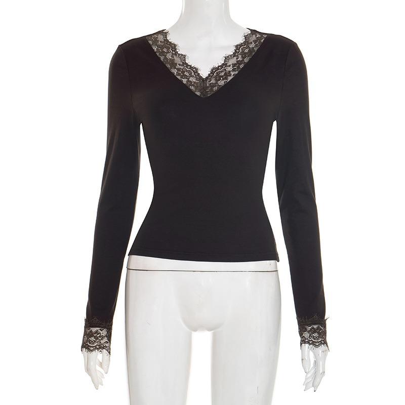 Frühling Herbst Langarm V-Ausschnitt Spitze Patchwork Damen Bluse Mode Slim Fit Hemden Damen Lässige Büro Oberteile Einfarbig Elegante Kleidung