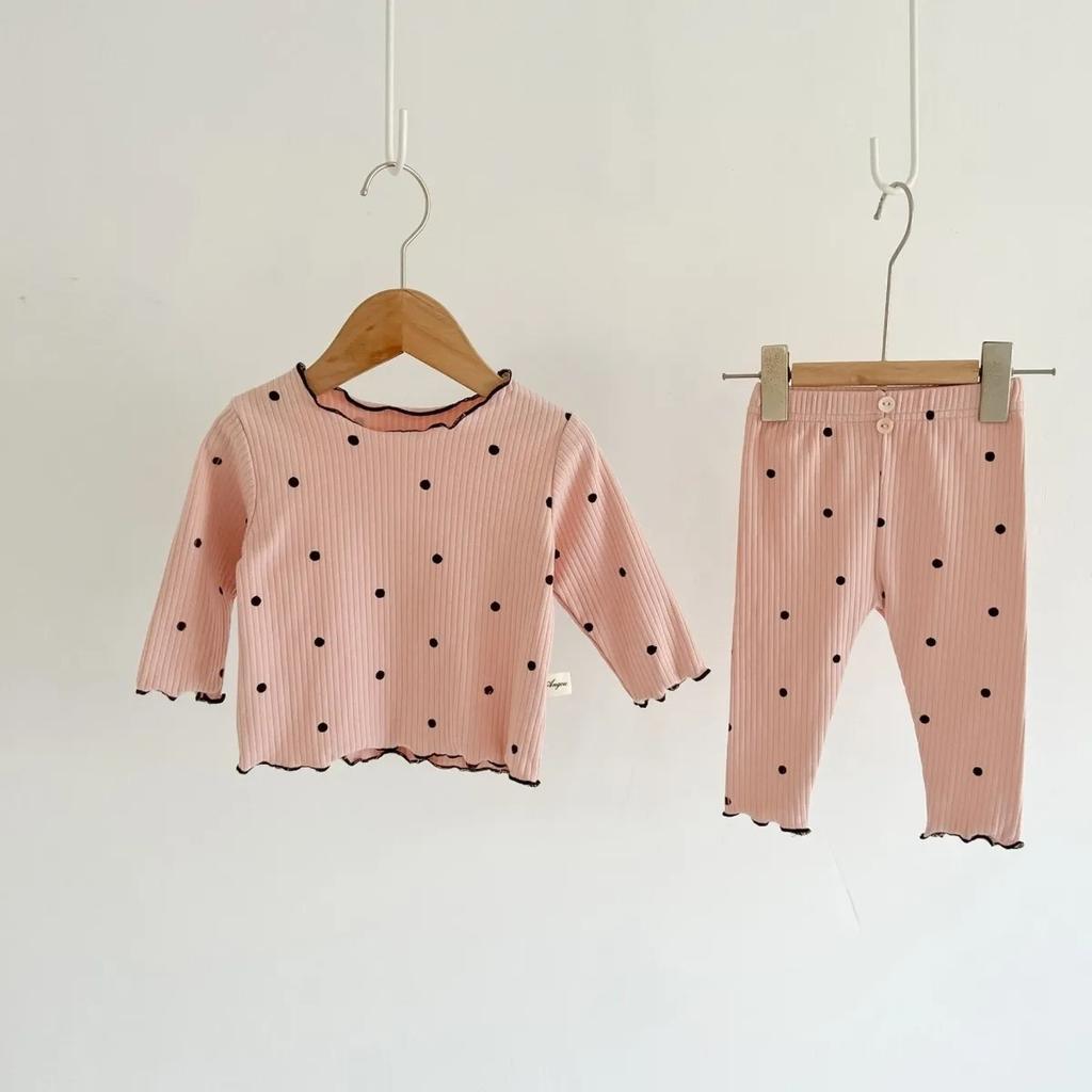 Girls' Home Clothes Baby Girls' Long Sleeve Ribbed Pit Bar Pajamas Two Piece Set with Mushroom Edges