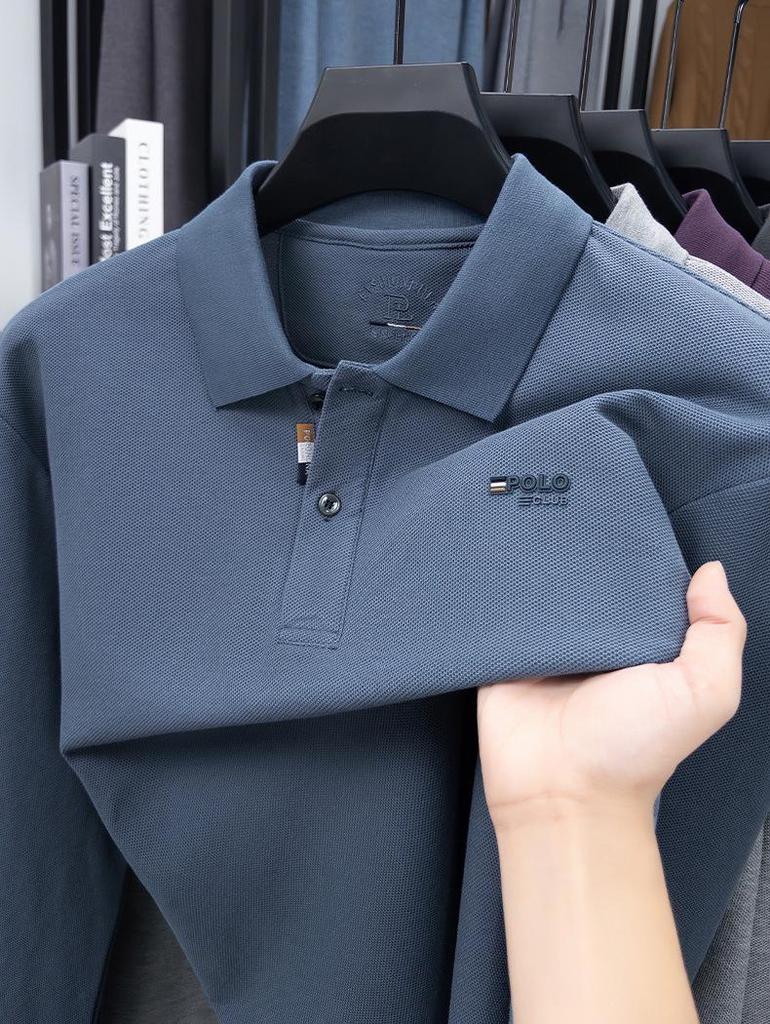 Polo homme Douyin automne en coton - Col rabattu, manches longues, couleur unie, coupe décontractée