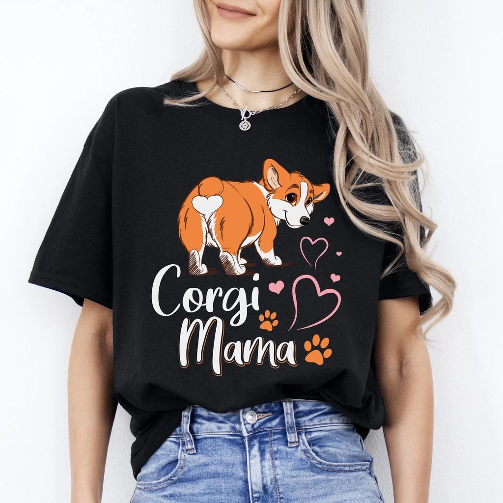 Corgi Mama T-Shirt Gift Heart Paws Corgi Dog Mom Unisex Tee Black Navy Dark Heat