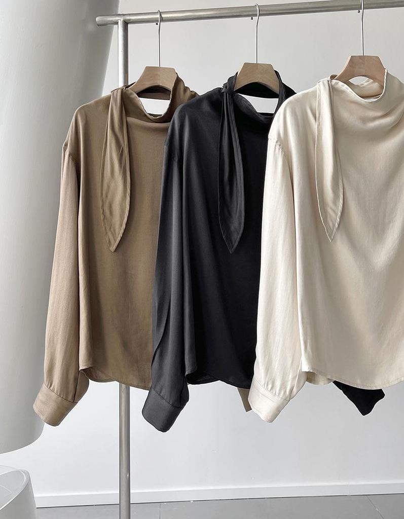 Ju Zhi 2024 Autumn Chic Slimming Irregular Drape Ribbon Shirt for Women 4533