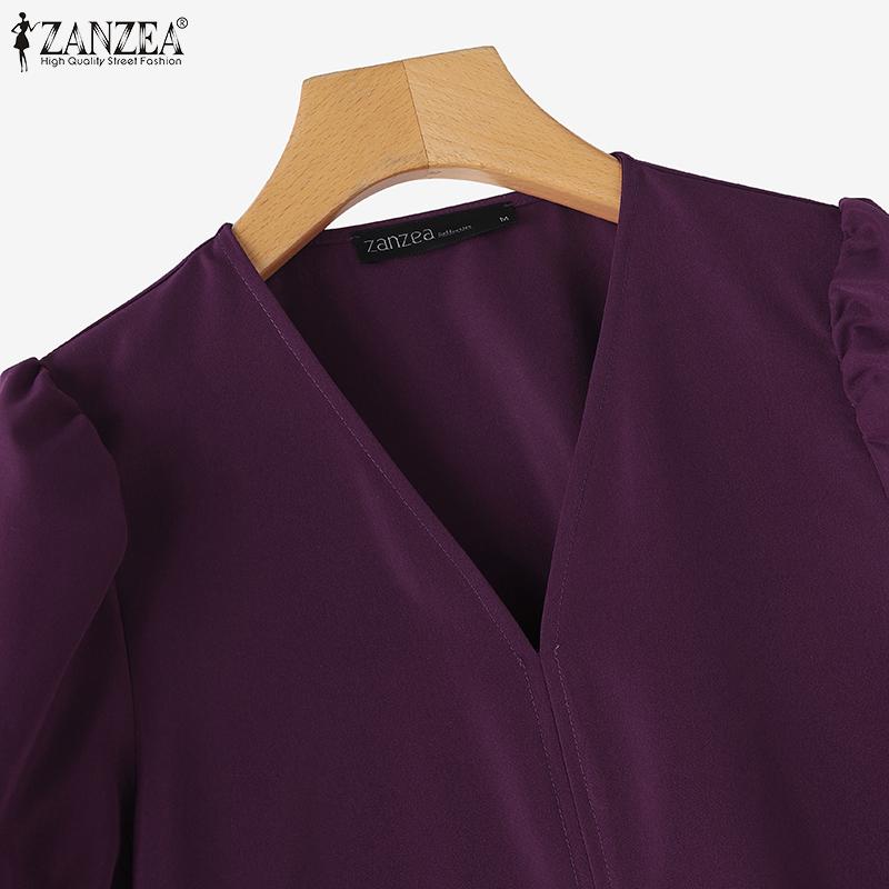 ZANZEA Women Casual V-neck Solid Color Loose Short Sleeve Dress