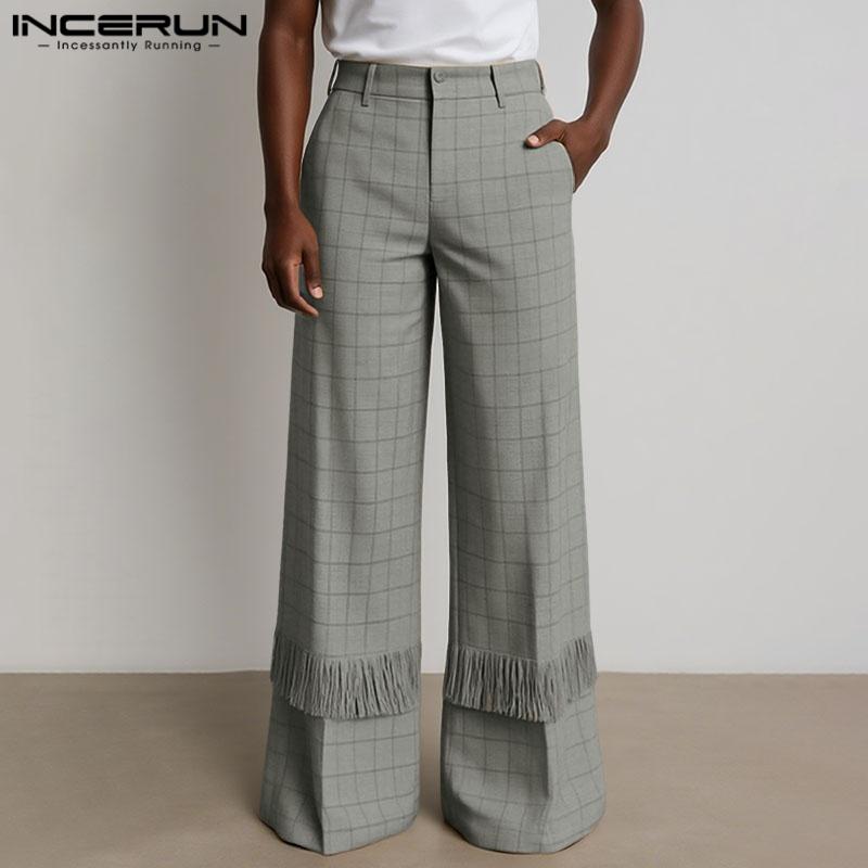 INCERUN Men Zip-up High Waist Plaid Print Tassel Casual Long Trousers Pants