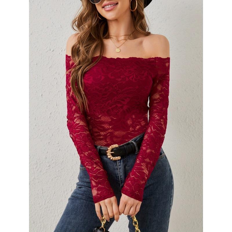Women's Elegant Scalloped Neck Edge One Neck Strapless Lace Slim Slim T-Shirt Long Sleeve Top