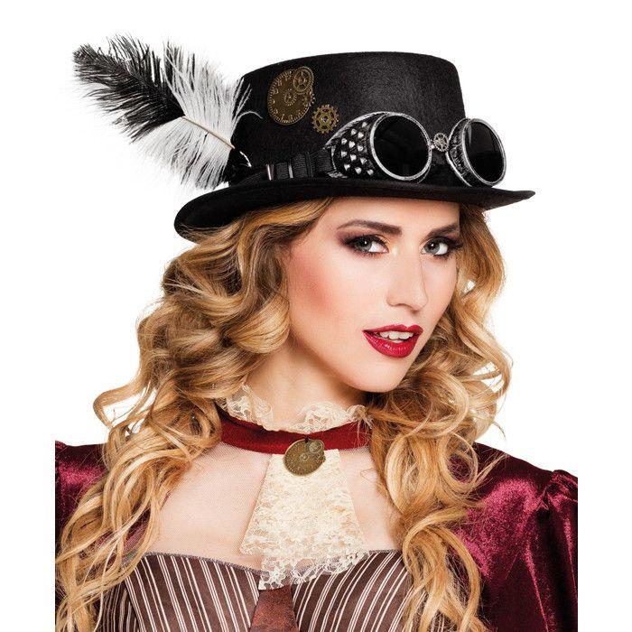Chapeau steampunk femme blanc - generique - avec plumes, rouages et lunettes - noir