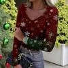 Women's Winter Slim-Fit Base Layer T-Shirt Fashionable Christmas Print V-Neck Pullover Long-Sleeved Top