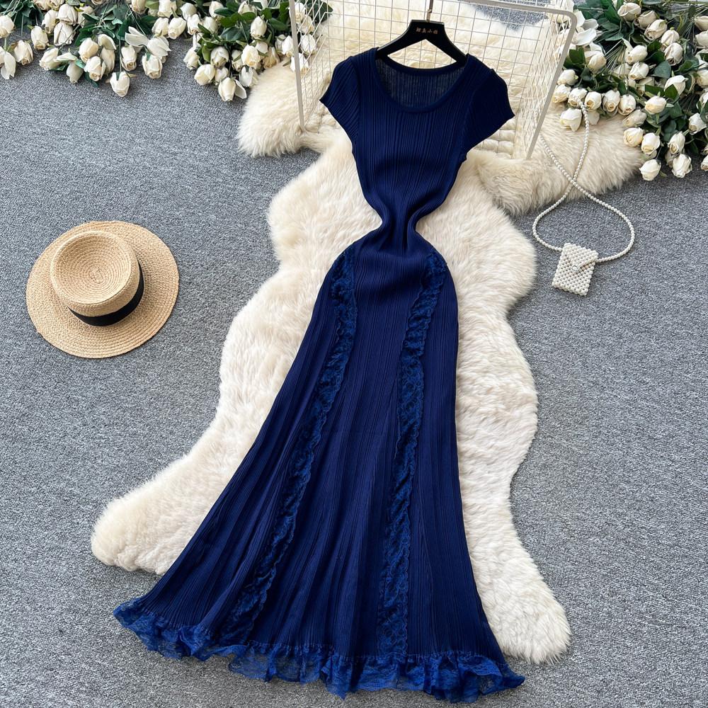 Elegant Lace Patchwork Knitted Midi Long Dress Women Chic Short Sleeve Ruffles Slim Fit Dresses 2026 Casual Daily Office Outfit