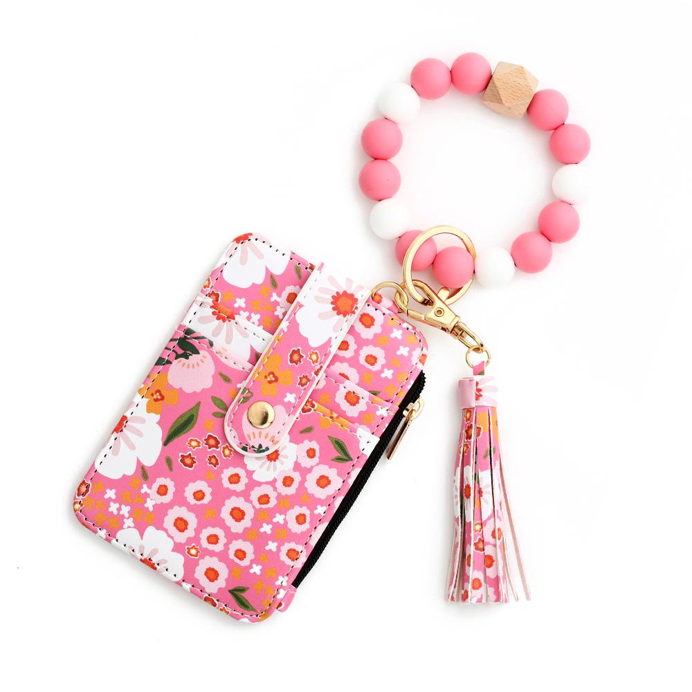 Silicone Bead Bracelet & Leather Card Holder Set - Business Gift Pack with  Keychain & Printed ID Bag