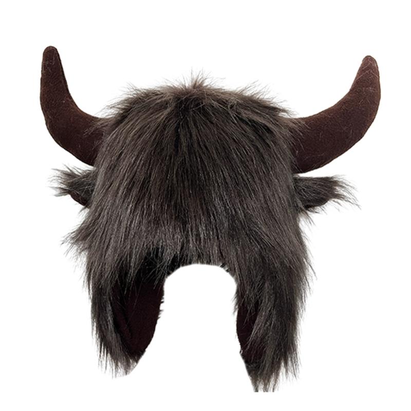 Furry Bull Hat Headwear with Cartoon Horns Halloween Gift Warm Soft Hat