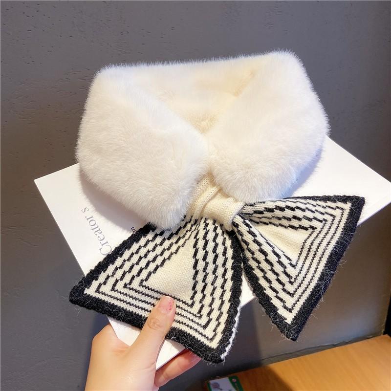 Women Winter Warm Thicken Cross Collar Neck Warmer Solid Color Faux Rabbit Fur Plush Elegant Knitted Shawl Scarfs