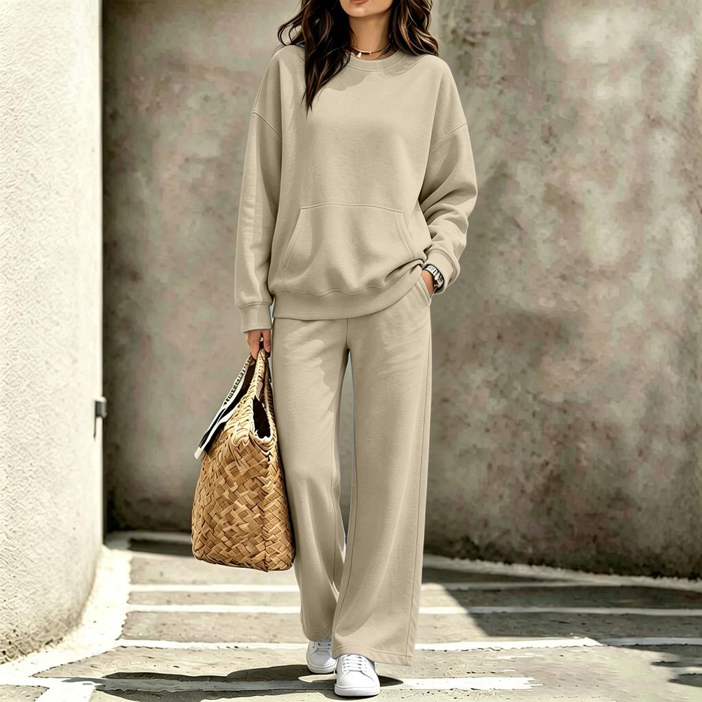 Casual Dames Crewneck Sweatshirt en Broek Set met Zakken - Herfst Winter Outfit, Twee Delig Comfortabel Trainingspak
